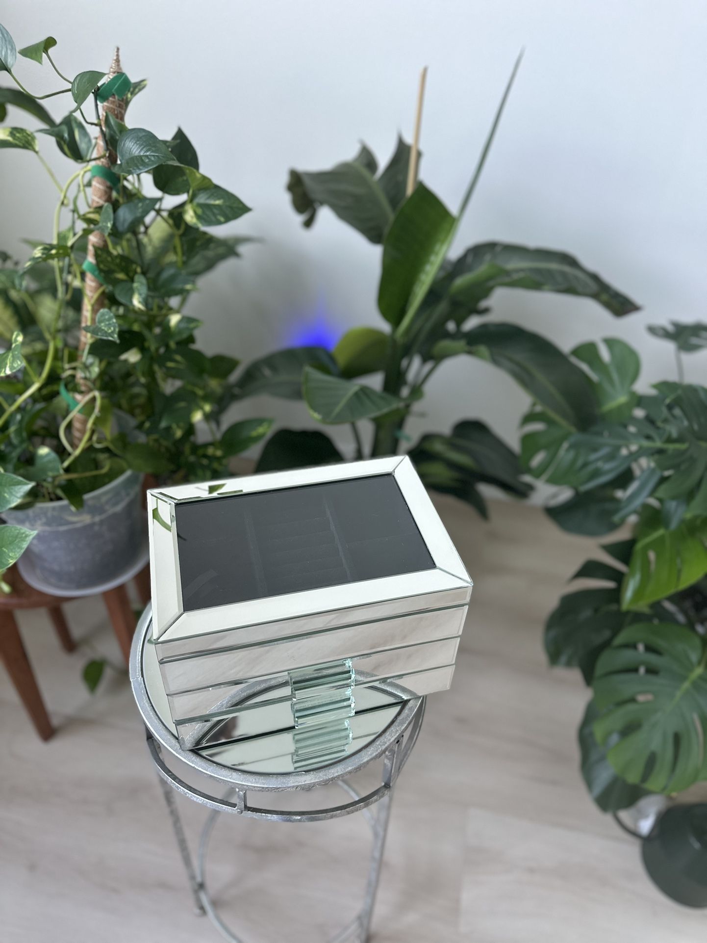 Mirrored Glass Jewelry Box with 2 Drawers & Velvet Lining