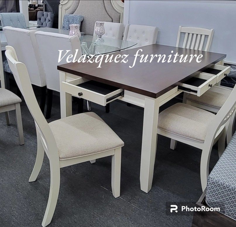 6 pc Cottage country two tone off white and walnut finish wood dining table set.