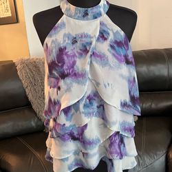Jonathon Martin's Tiered Halter Blouse in Purple & Blue Watercolor Print size L