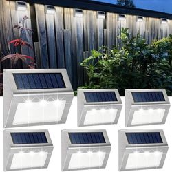 6 Pack (White Light) Solar Deck Lights Bright 3 LED Stair Lights Waterproof Stainless Steel Fence Lights Outdoor Solar Powered Lamp for Patio Walkway
