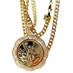 Centenario 2.5 Inches Gold Plated 14k with Cubic Zirconia, Includes 24 Inch Cuban Link Chain, 14k St