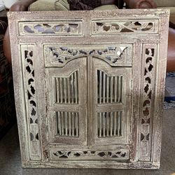 Indonesian Wood Carved Mirror Shutter Wall Hanging