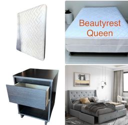 FREE beautyrest Mattress w/purchase of  Upholstered queen  Storage Bed frame  outlets & 4 drawers, $100, nightstand $35