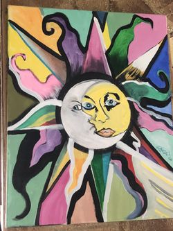 Acrylic on canvas sun and moon.