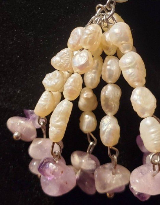 Amethyst Gemstone Chip Freshwater Rice Pearls Faux Pearl Tassels Dangle Earrings