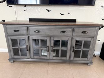 Gray Wood TV Console with Glass Cabinet Doors