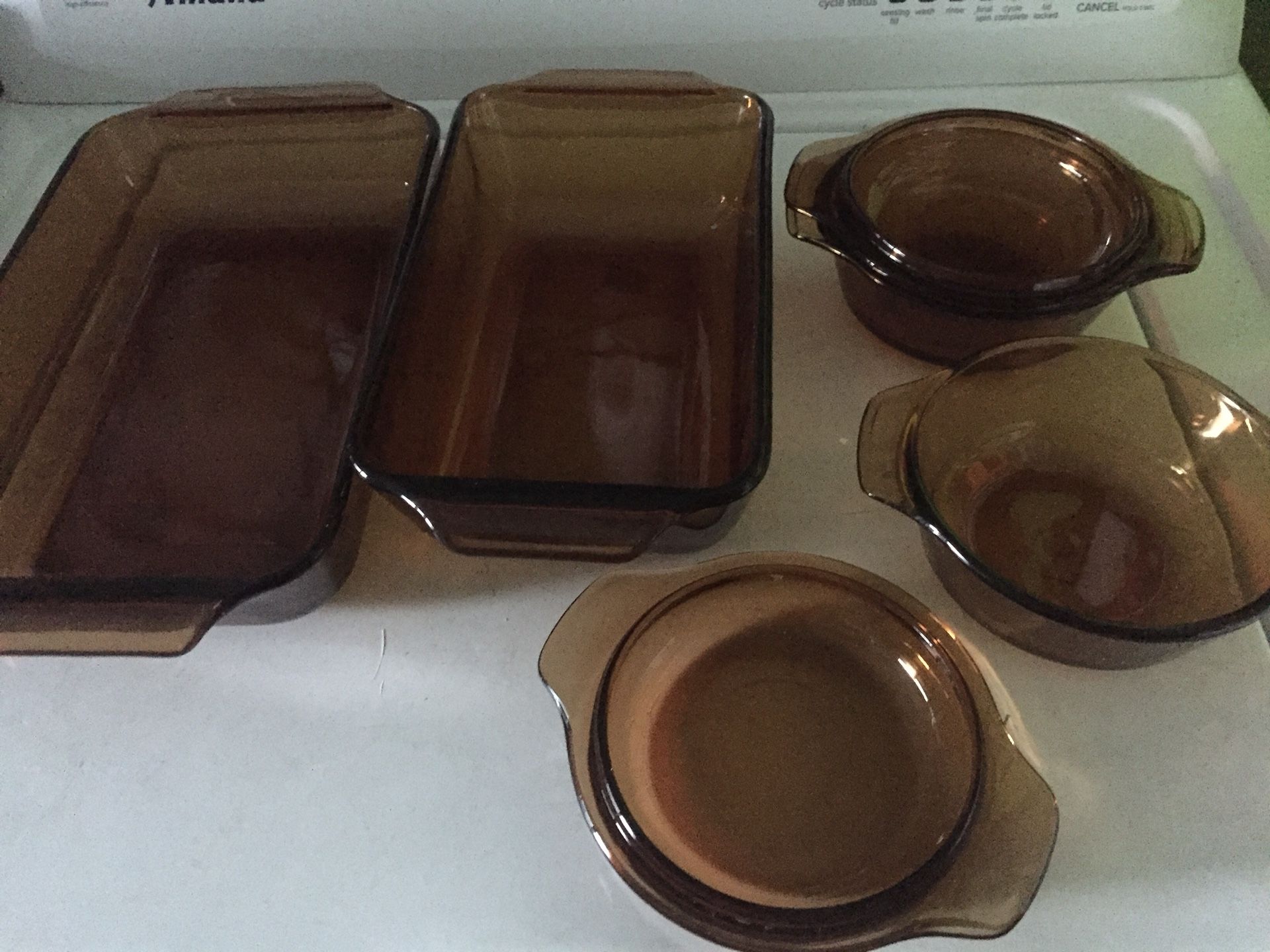 Pyrex amber brown set of 6 rectangular 6x9” and 7x10” 2 lidded 5 1/2” round