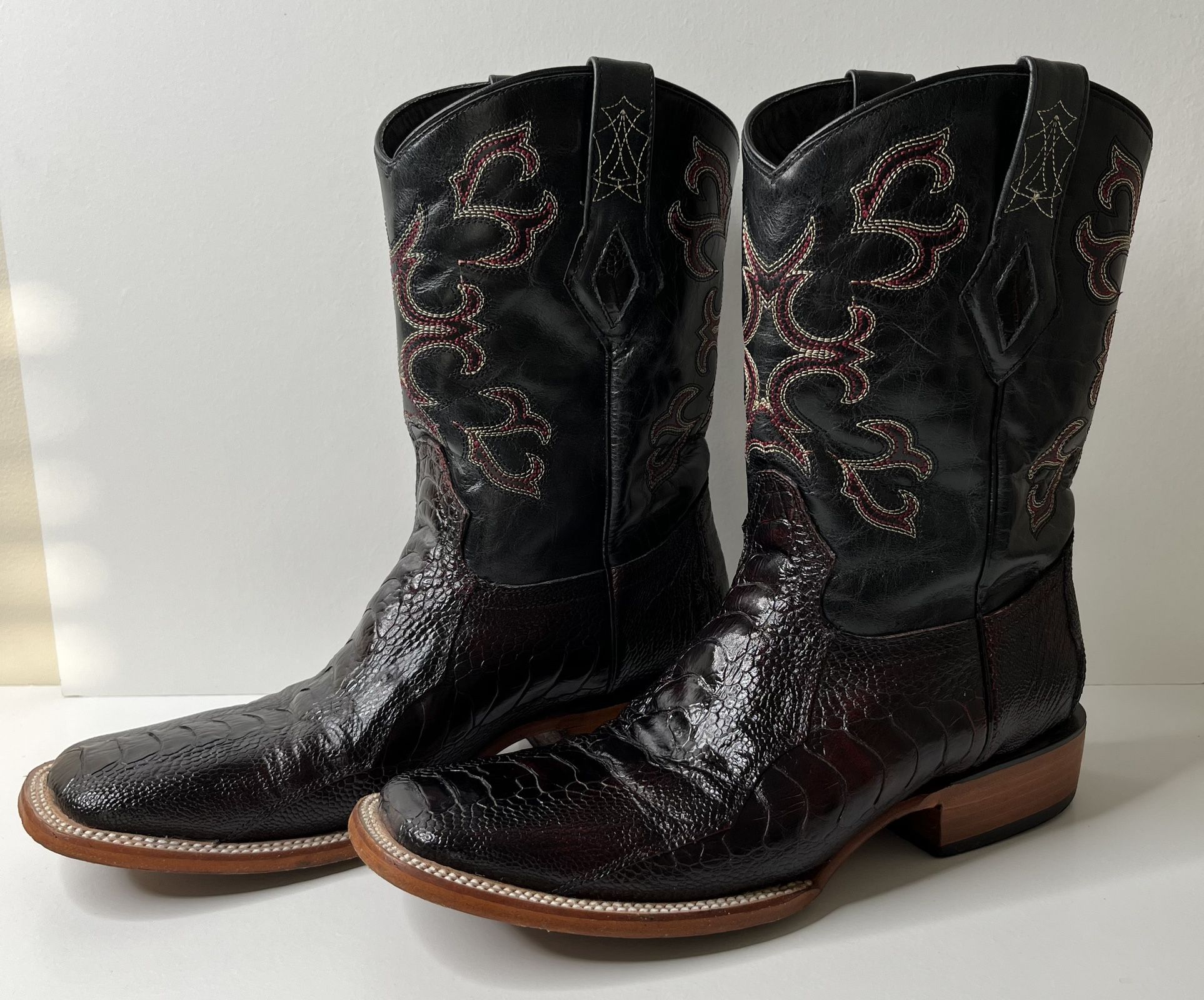 JB Dillon Men’s Genuine Ostrich Original Western Boots Square Toe Black Burgandy Size 10 D