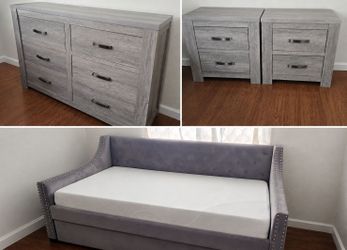 Gray Bedroom Set – Dresser, 2 Nightstands & Upholstered Daybed