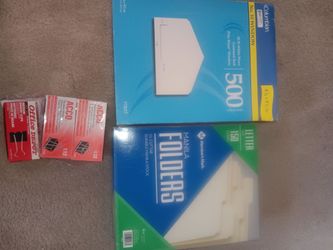 Selling 1 box of 500 envelopes with windows. 1 box of 150 Manila folders and 5 boxes of medium binder clips