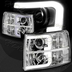 For 2007-2014 Chevy Silverado LED DRL Chrome Projector Headlights Clear Reflector -(4-HL-SILV07-DRL-CH-CL