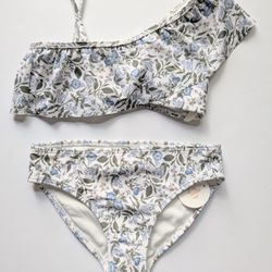 GB Girls 2Pc Blue Floral Print Bikini Swimsuit Size:12 One Shoulder NWT