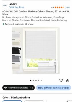AOSKY No Drill Cordless Blackout Cellular Shades, 60" W x 48" H