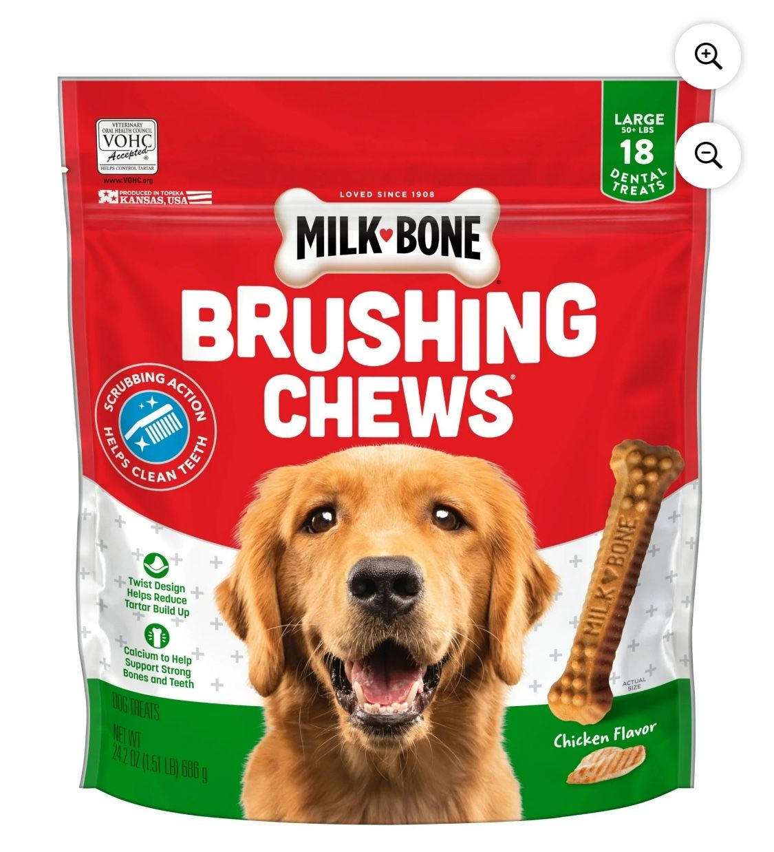 Milk Bone Brushing Chews Daily Dental Dog Treats, Large, 24.2 oz Bag, 18 Bones Per Bag