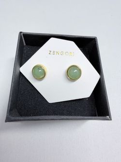Green Round Stud Earrings Gold Tone Minimalist Women's Jewelry