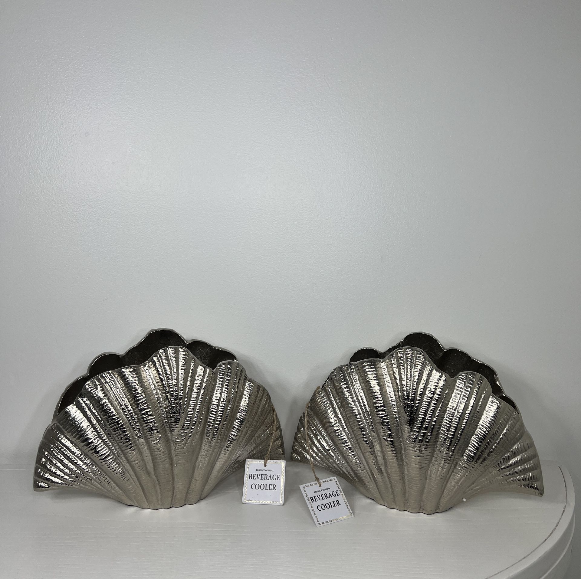 Set of 2) Metal Sliver Seashell Beverage Cooler/Vase New with tags  