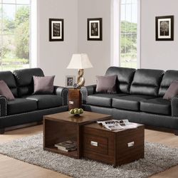 Black Faux Leather Sofa And Love Seat Set (Free Delivery)