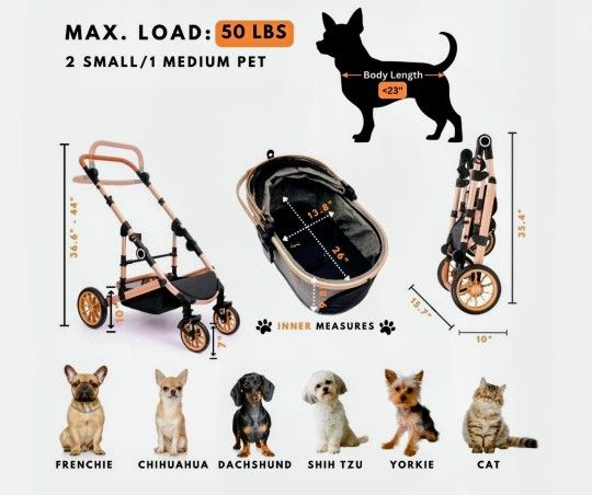 Pet Stroller 3 In 1 Foldable Travel Carrier For Medium To Small Dogs