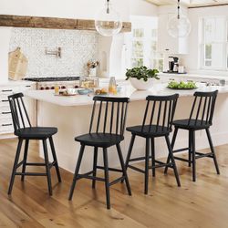 Set of 4 Swivel Bar Stools, Black Windsor Barstools, Counter Height Barstool, 24 inch Farmhouse Wooden Counter Stools, Black