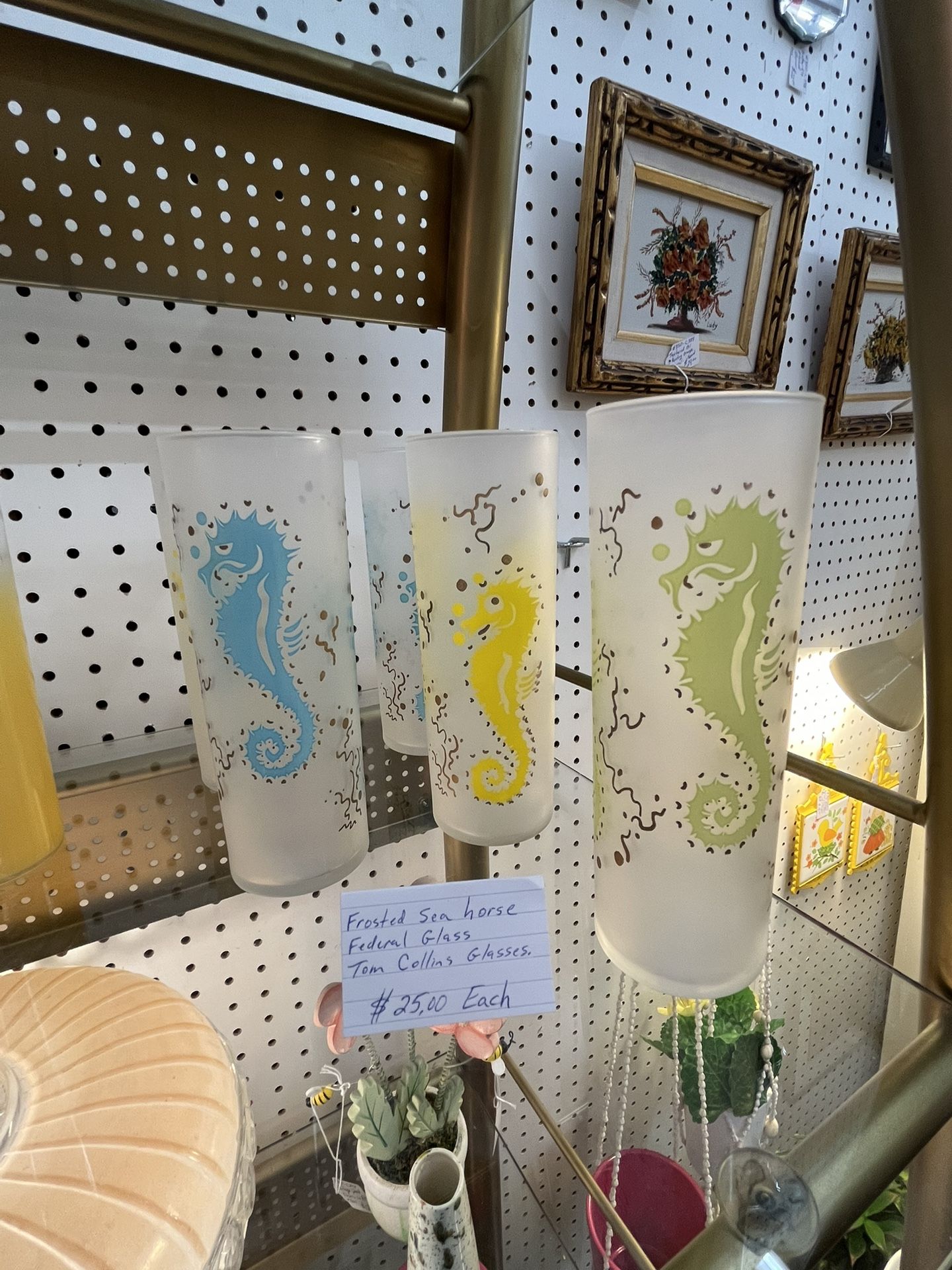 Frosted Sea Horse Federal glass, Tom Collin’s highball $25 each