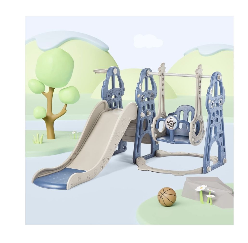 4 in 1 Toddler Slide and Swing Set, Kid Slide for Toddlers Age 1-2, Baby Slide with Basketball Hoop, Indoor Outdoor Slide Toddler Playset Toddler Play