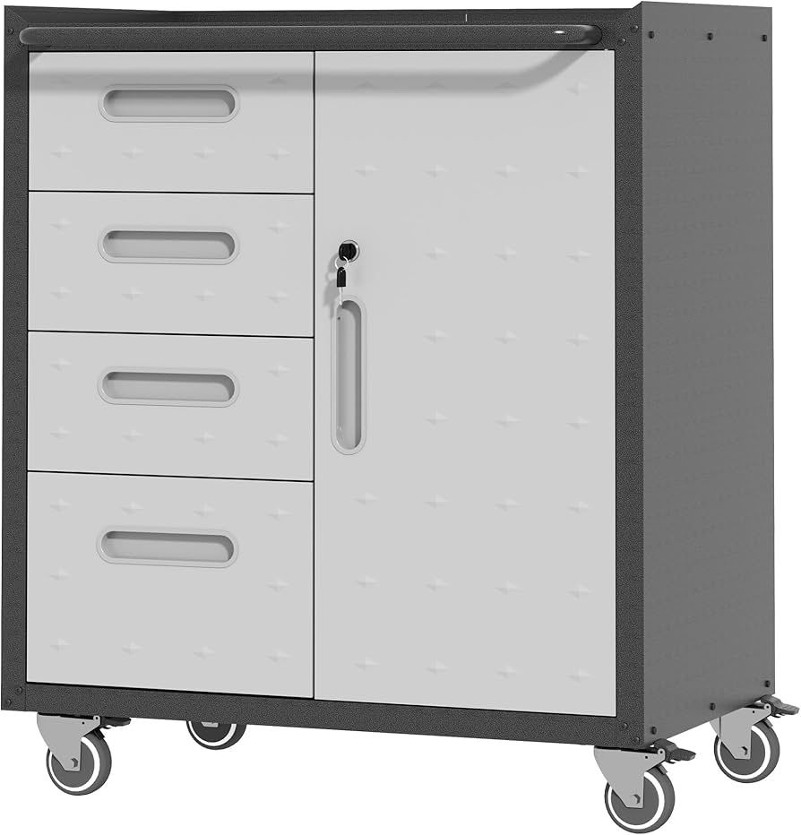 Metal Storage Cabinet with Wheels, Rolling Tool Cabinet with Adjustable Shelve, Locking Garage Storage Cabinet with 4 Drawer and 1 Door for Tools, Ass