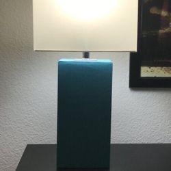 Faux Leather Base Modern Home Table Lamp In Teal Color With The Rectangular White Shade H21”