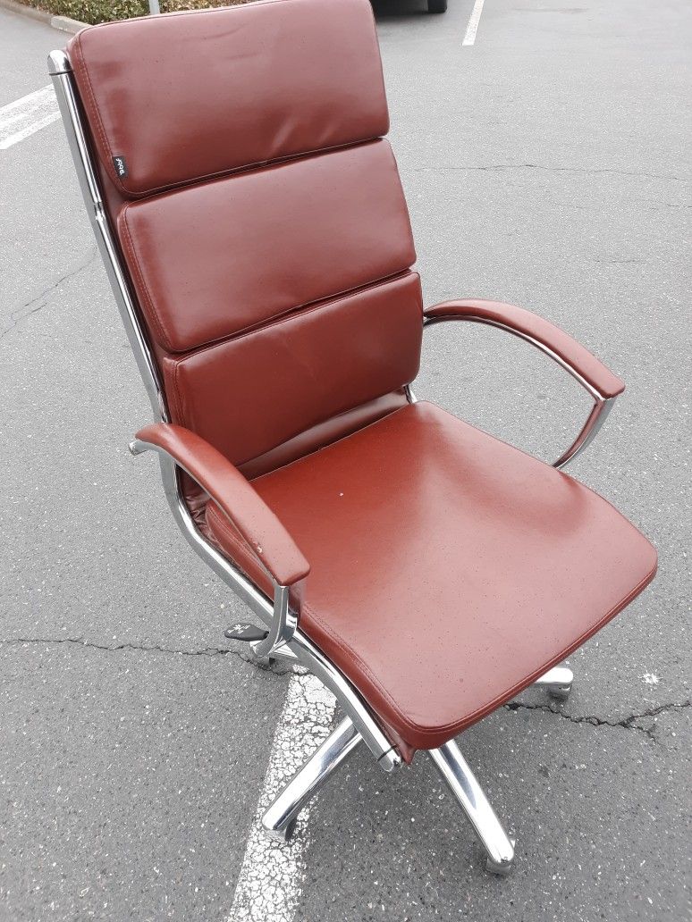 Brown Chrome Office Desk Chair Faux Leather With Height Adjust And Tilt Tension