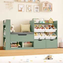 63'' Kids Bookshelf with Reading Nook, Large Toy Storage Organizer with 3 Drawers & 6 Storage Bins, Kids Toy Storage Box with Bench for Playroom, Kid 