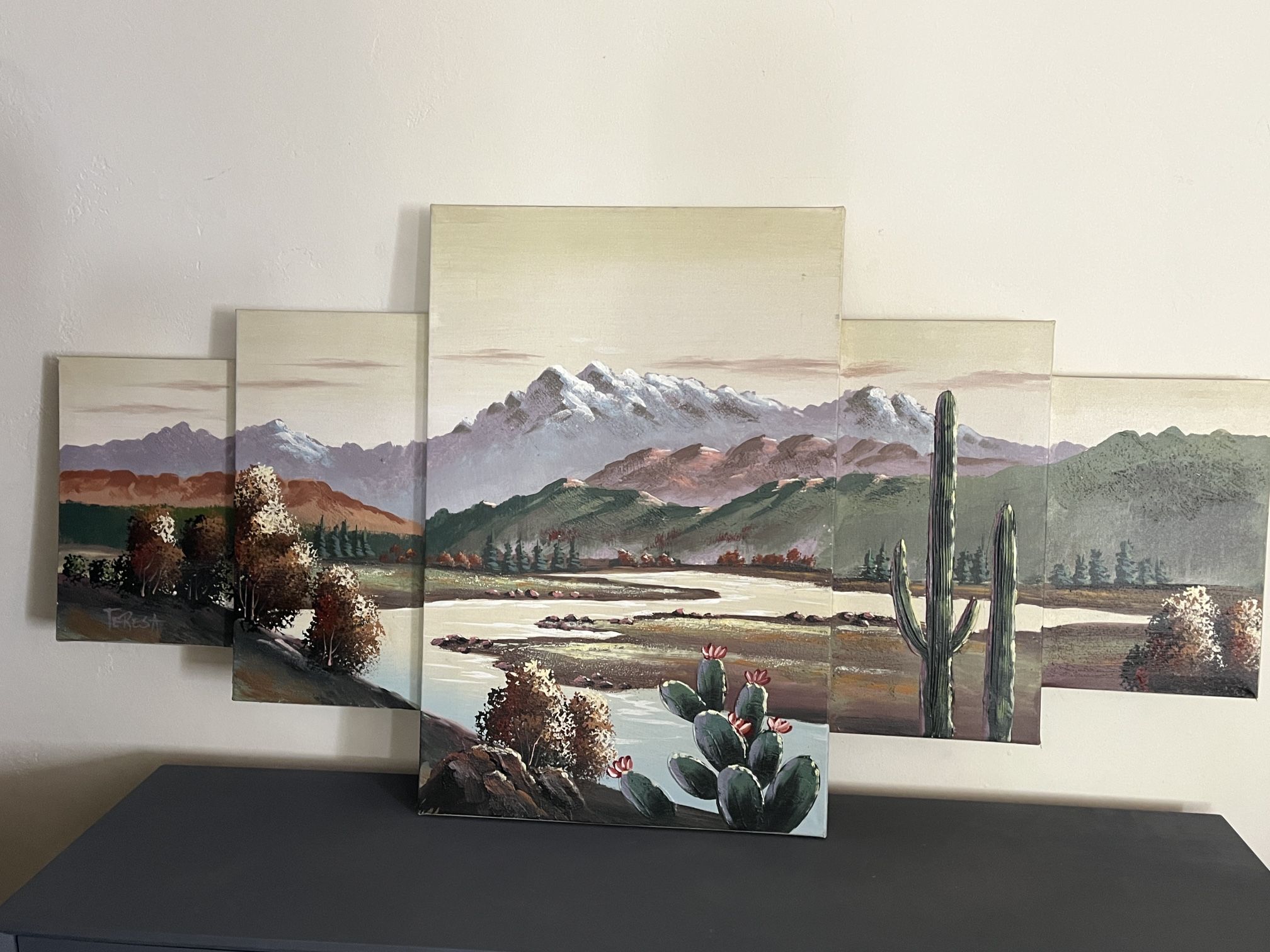 Unique Multi-Canvas Desert Scene Original Signed Painting 48”X24”!