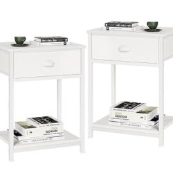 White Nightstands Set of 2, End Table with Fabric Drawer, Small Side Table for Small Spaces, 2 Tiers Storage Shelves End Table, Bedside Table for Livi