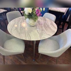 5-pc Dining Set White Faux Marble Top With Grey Fabric Upholstered Chairs