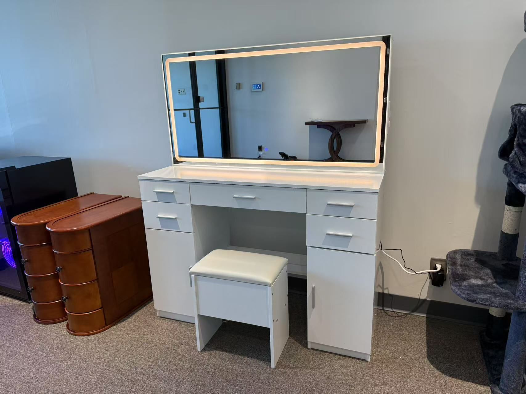 Makeup Vanity Desk with Mirror and Lights: Large Mirror with 3 Modes Lighting - White Vanity with 5