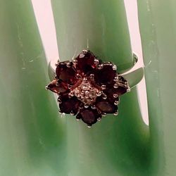 Sterling silver lab created ruby cluster ring, pre owned in box
