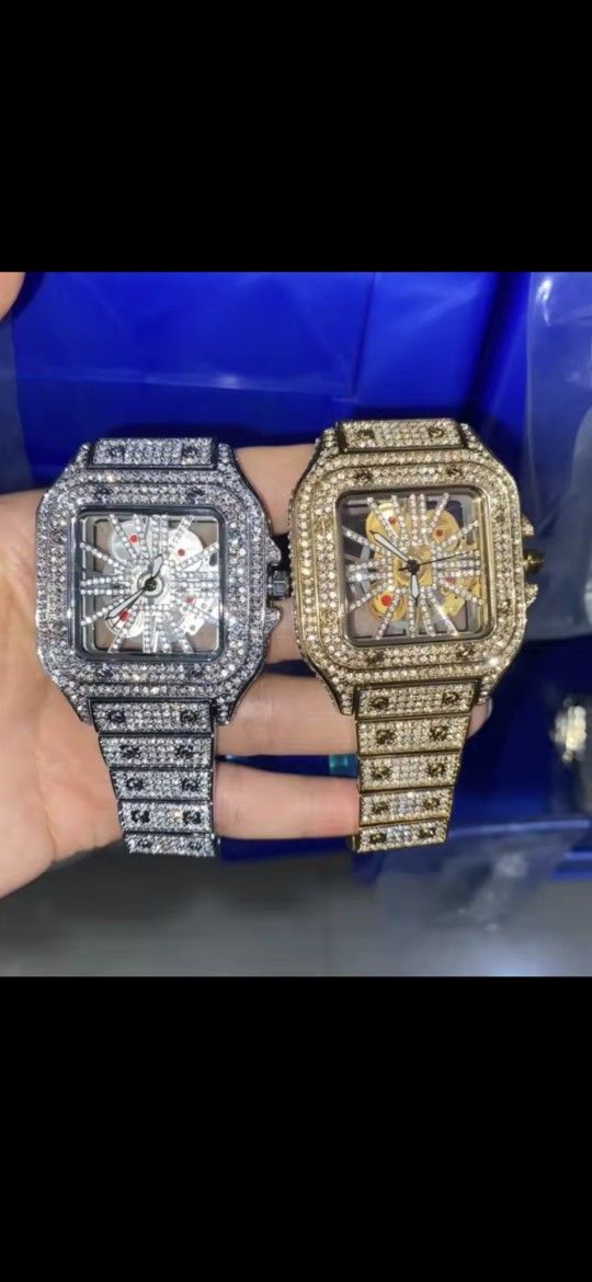 New Iced Out SEE Thru Luxury Stainless Steel Brand Men's Waterproof Quartz Watch With Rhinestone