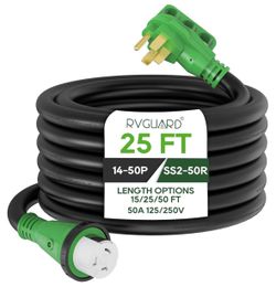 RVGUARD 50 Amp 25 Foot RV Power Cord, 14-50P to SS2-50R Generator Extension Cord, Heavy Duty STW Cord with LED Power Indicator and Cord Organizer, Gre