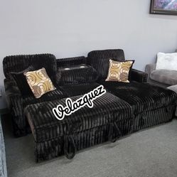 ✅️✅️2 pc Black fur like corduroy fabric sectional sofa with pop up sleep area and storage chaise drop down tray table USB ports✅️