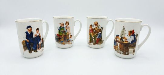 ESTATE SALE Set of 4 Vintage Norman Rockwell Museum Coffee Mugs (1982) - Gold Rimmed
