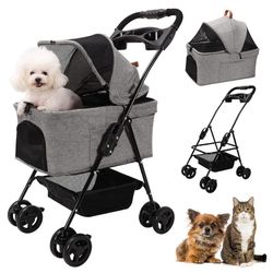 Dog Strollers For Small Dogs 3 In 1 Collapsible Dog Stroller With 4 Wheels Rotating 360 Degrees With Brake Pedal Cat Stroller With Storage Basket