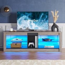 55 in. Wash Grey TV Stand with LED Lights Entertainment Center with Glass Shelves