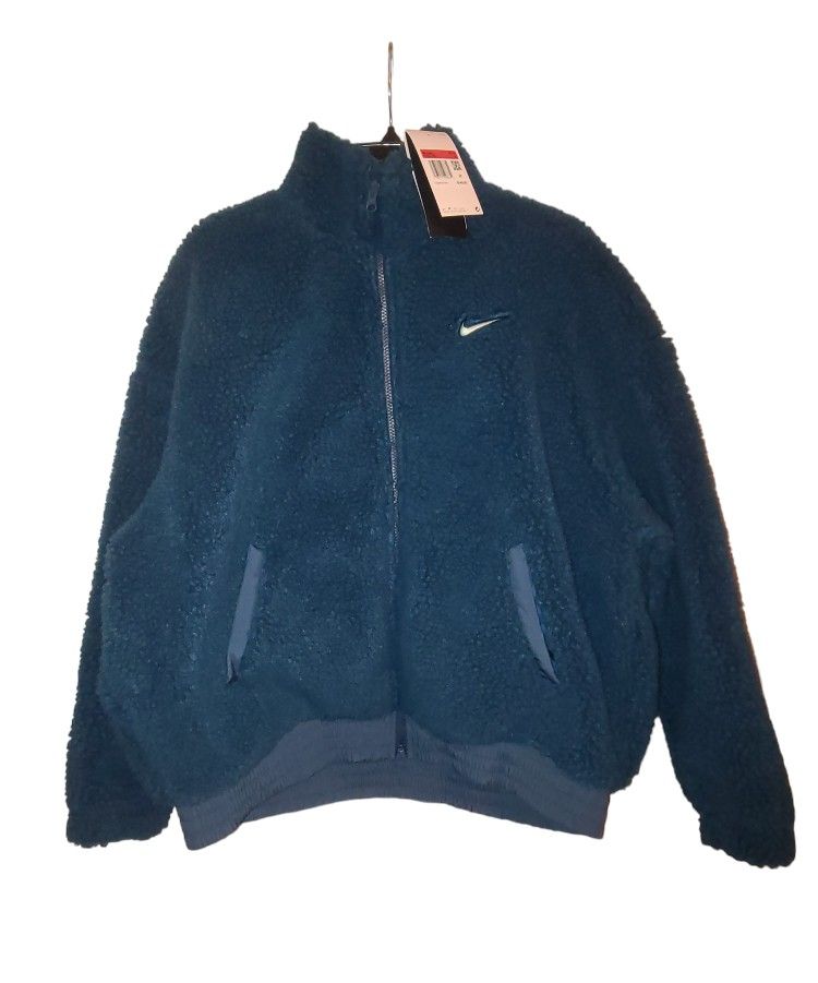 Nike Sportswear Swoosh Plush Jacket Full Zip Outerwear Blue Teddy Sherpa Women's Size L