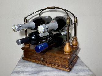 Vintage Wine Rack Wood & Metal w/ Drawer – 4 Bottle Holder
