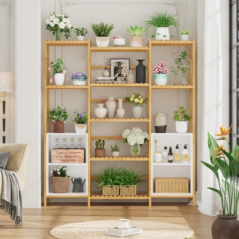 67"H Wood Wide Display Shelves, 5-Tier Bookshelf with 15 Open Shelves, Large Freestanding Bookcase for Home Office, Bedroom, Living Room