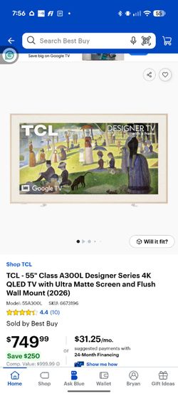 TCL 55" A300L Designer Series 4K QLED Google TV