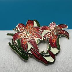 Vintage Crown & Fish Cloisonné Enamel Brooch Pin Red Flowers In Excellent Condition 