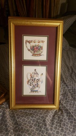 VINTAGE Frankie BUCKLEY PRITNTS FRAME 11X 26 TEAPOT AND TEA CUP