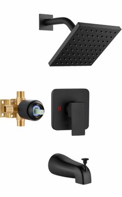 snower raucet set witn tup spout, batntup ana snower Trim Kit with Valve, Single Handle Bathroom Shower Faucet Set 6 Inch Square Rainfall Shower Head,