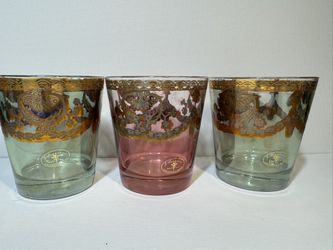 Set of 3 J. Preziosi “Lavorato a Mano” Italian Gold-Decorated Glass Tumblers — Vintage
