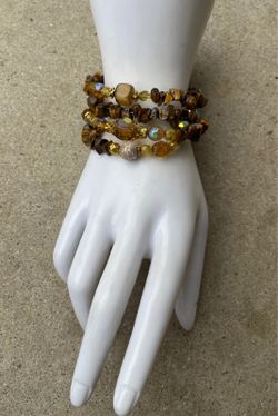multi-strand beaded coil memory wire bracelet amber, gold, brown gemstone crysta