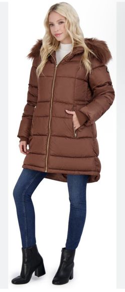 Jessica Simpson Womens Quilted Puffer Winter Coat w/Faux Fur Hood Tan Size Small
